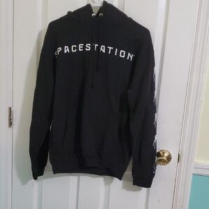 Justhoods Black Space Station Graphic Kangaroo Pockets Soft Unisex Hoodie M